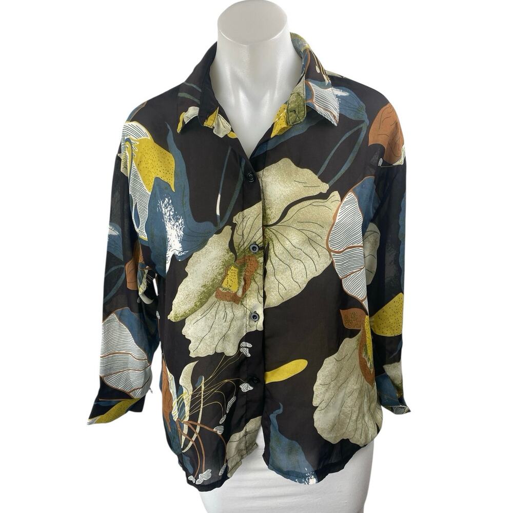 H.H Women's Multicolor Floral Collared Long Sleeve Button Down Shirt Top Size S